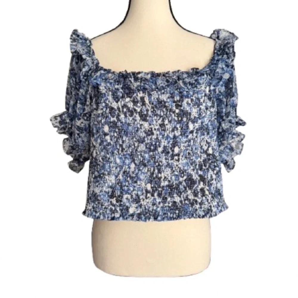 Express Blue Smocked Off-Shoulder Crop Top – Size XL - Picture 5 of 6